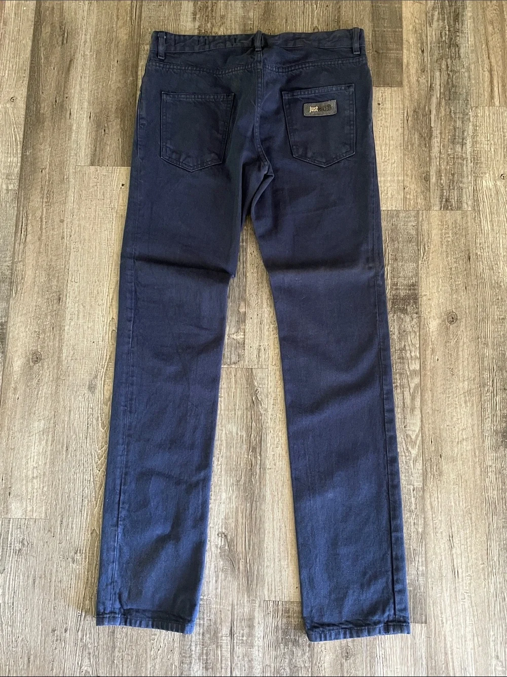 Just Cavalli 2013 men’s navy blue slim jeans with backplate logo